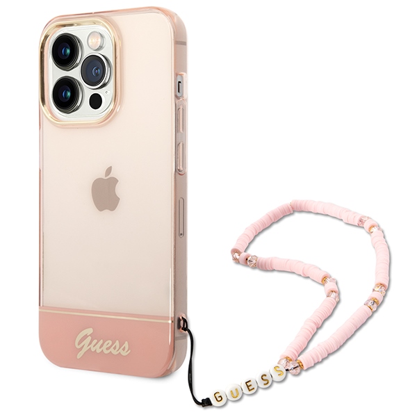 Guess GUHCP14LHGCOHP iPhone 14 Pro 6.1" rozā/rozā cietais apvalks Caurspīdīga Pērļu Siksna