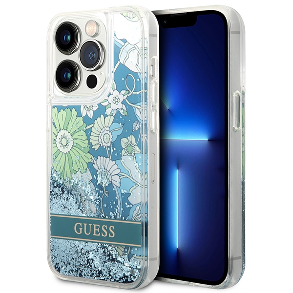 Guess GUHCP14LLFLSN iPhone 14 Pro 6.1 zaļš / zaļš kietais viedtālruņa apvalks Flower Liquid Glitter