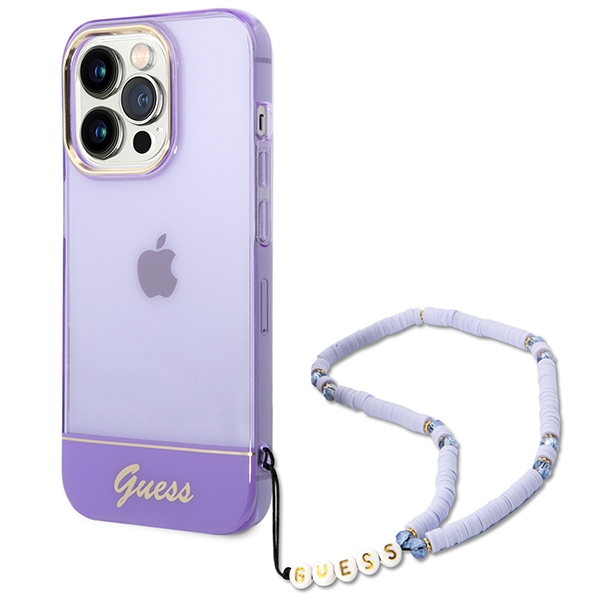 Guess GUHCP14XHGCOHU iPhone 14 Pro Max 6.7" violets/violets cietais apvalks Translucent Pearl Strap