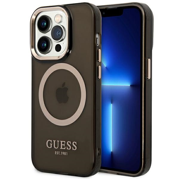 Guess GUHMP14LHTCMK iPhone 14 Pro 6.1" melns/melns cietais apvalks Zelta kontūra Daļēji caurspīdīgs Magnētiskais