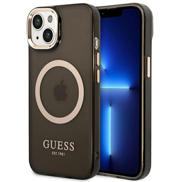 Guess GUHMP14SHTCMK iPhone 14 6.1" melns/melns cietais apvalks Zelta kontūra Daļēji caurspīdīgs Magnētiskais