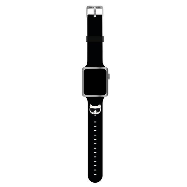 Karl Lagerfeld KLAWLSLCK Apple Watch siksniņa 42/44 / 45mm melna / melna siksniņa silikona Choupette Heads