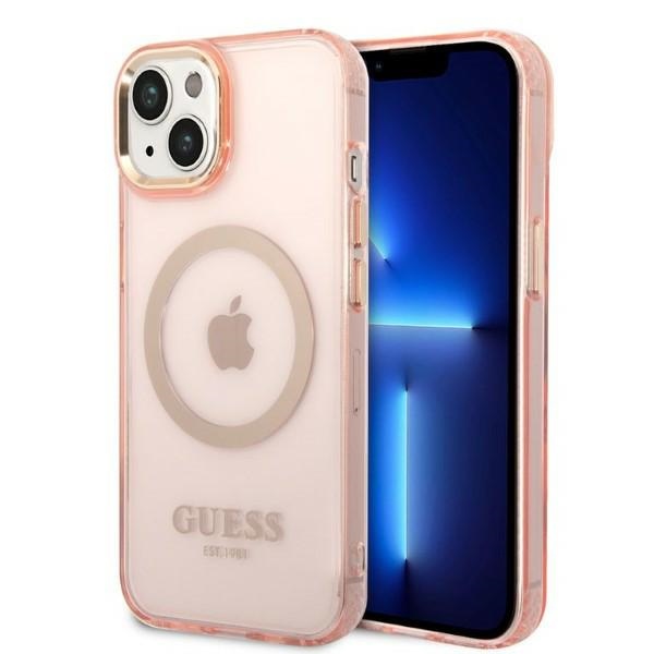 Guess GUHMP14MHTCMP iPhone 14 Plus 6.7" rozā/rozā cietais apvalks Zelta kontūra Caurspīdīgs Magnētiskais