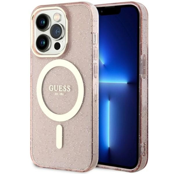 Guess GUHMP14LHCMCGP iPhone 14 Pro 6.1" rozā/rozā cietais apvalks Spīdumi Zelts MagSafe