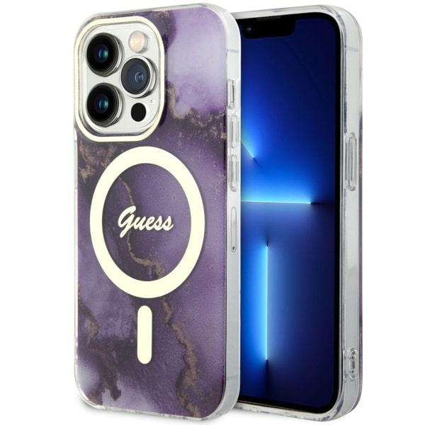 Guess GUHMP14LHTMRSU iPhone 14 Pro 6.1" violets/violets cietais apvalks Zelta Marmors MagSafe