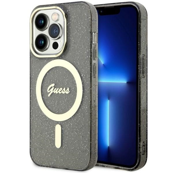Guess GUHMP14XHCMCGK iPhone 14 Pro Max 6.7" melns cietais viedtālruņa apvalks Glitter Gold Magnētiskais