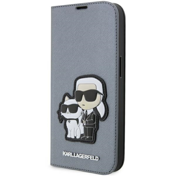 Karl Lagerfeld KLBKP14LSANKCPG iPhone 14 Pro 6.1" grāmatas tipa apvalks sudraba Saffiano Karl & Choupette
