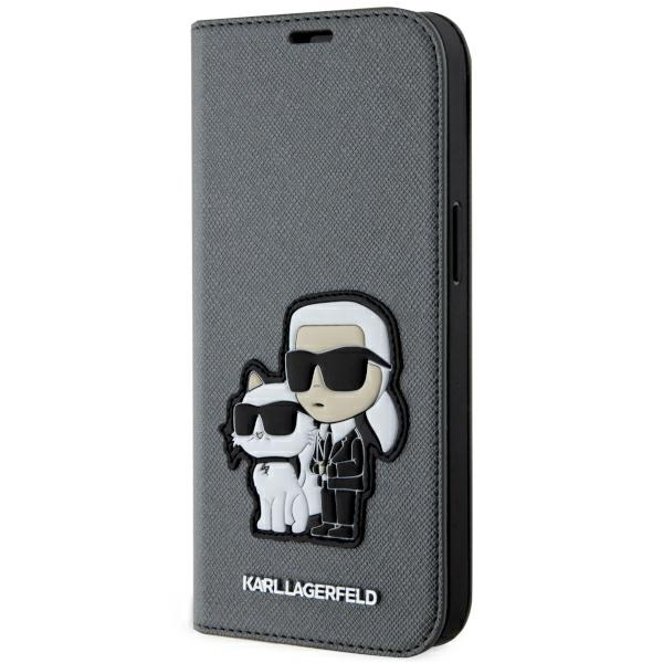 Karl Lagerfeld KLBKP14SSANKCPG iPhone 14 6.1" grāmatas tipa apvalks sudraba Saffiano Karl & Choupette