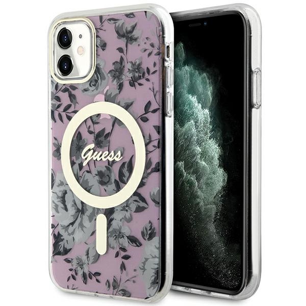 Guess GUHMN61HCFWSP iPhone 11 / Xr 6.1" rozā cietais viedtālruņa apvalks Zieds MagSafe
