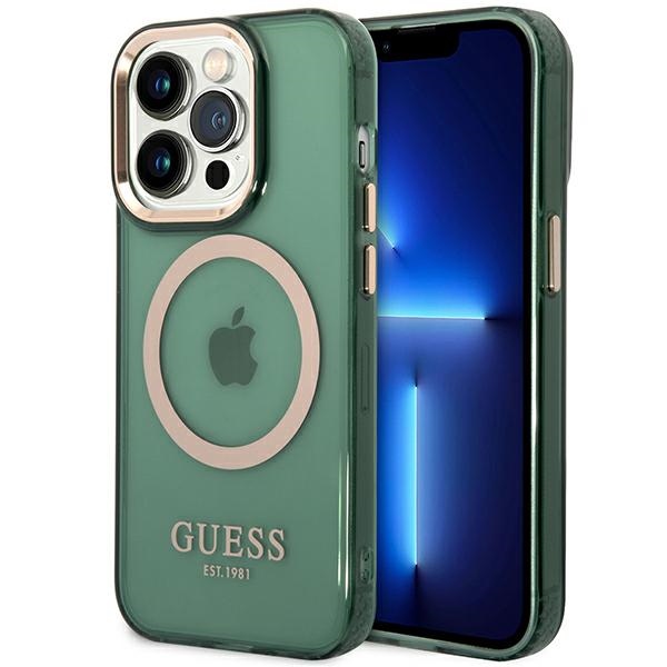 Viedtālruņa apvalks Guess GUHMP14LHTCMA iPhone 14 Pro 6.1" zaļa/haki cietais apvalks Zelta Kontūra Caurspīdīgs MagSafe