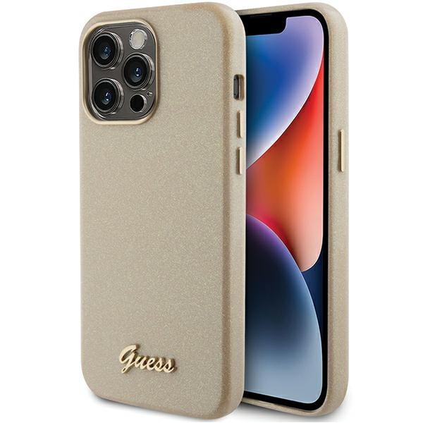Guess Mirdzošs glancēts uzraksts apvalks iPhone 15 Pro - zelta