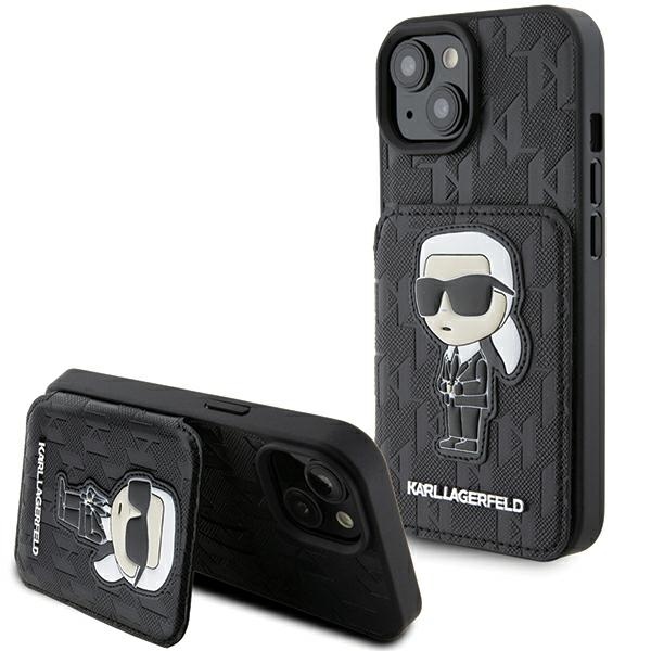 Karl Lagerfeld Saffiano Cardslots and Stand Monogram Ikonik Patch Viedtālruņa apvalks iPhone 15 - melns