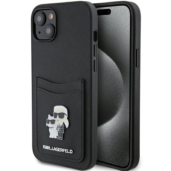 Karl Lagerfeld Saffiano Cardslots Karl&Choupette Metal Pin Viedtālruņa apvalks iPhone 15 - melns