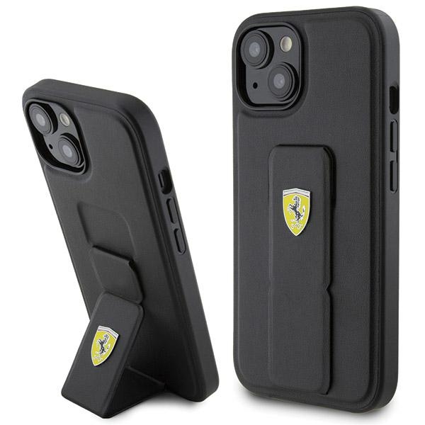 Ferrari Grip Stand Metal Logo apvalks iPhone 15 – melns