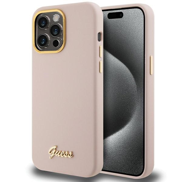 Guess Silicone Script Metal Logo & Frame viedtālruņa apvalks iPhone 15 Pro - rozā