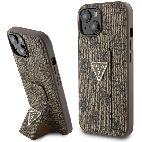 Guess viedtālruņa apvalks ar statīvu Grip Stand 4G Triangle Strass iPhone 15 - brūns