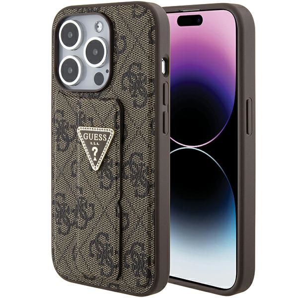 Guess viedtālruņa apvalks ar statīvu Grip Stand 4G Triangle Strass iPhone 15 Pro Max - brūns