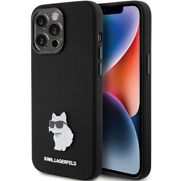 Karl Lagerfeld Silikona Choupette Metal Pin apvalks viedtālrunim iPhone 15 Pro - rozā