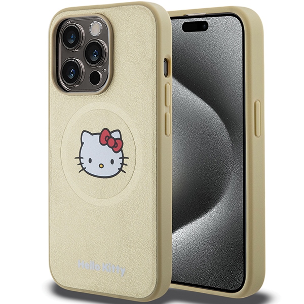 Hello Kitty ādas Kitty Head magnētiskais viedtālruņa apvalks iPhone 15 Pro - zelta