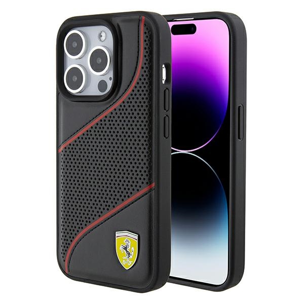 Ferrari Perforated Waves Metal Logo viedtālruņa apvalks iPhone 15 Pro - melns