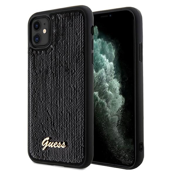 Guess Spīdumi uzraksts metāla viedtālruņa apvalks iPhone 11 / Xr - melns