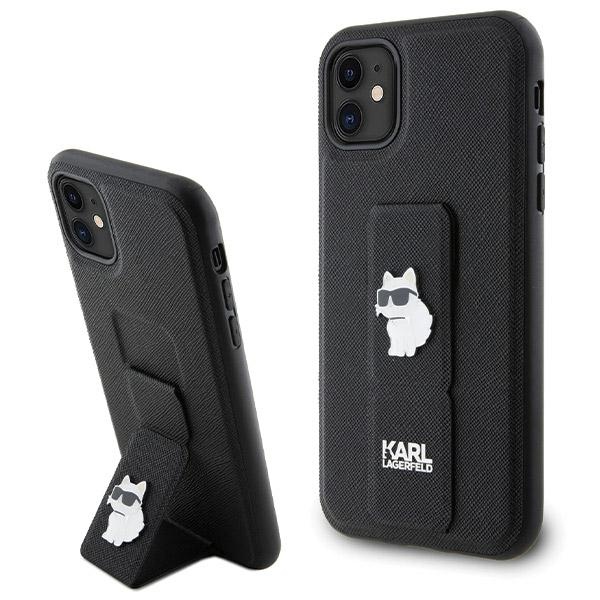 Karl Lagerfeld Gripstand Saffiano Choupette Pins viedtālruņa apvalks iPhone 11 / Xr - melns