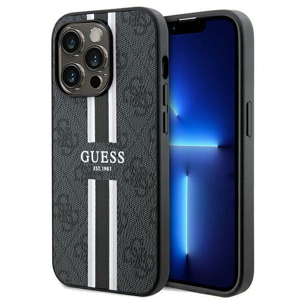 Guess 4G Printed Stripes Magnētiskais viedtālruņa apvalks iPhone 15 Pro Max - melna