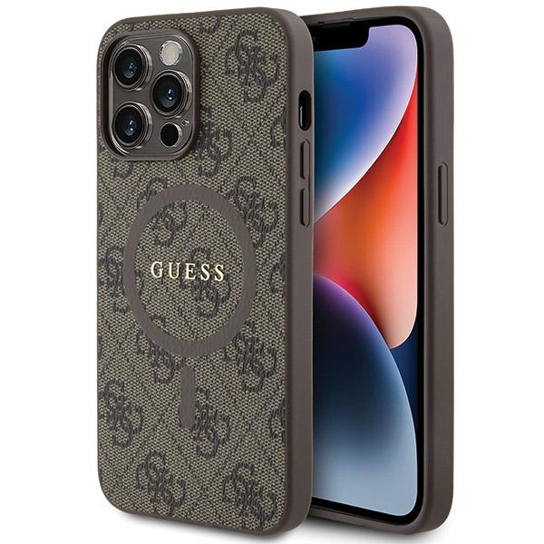 Guess 4G kolekcija ādas metāla logotips Magnētiskais apvalks iPhone 13 Pro / iPhone 13 - brūns