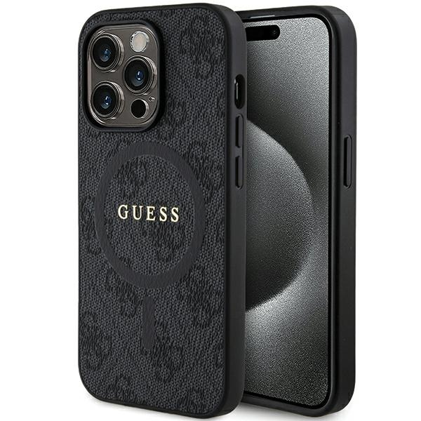 Guess 4G kolekcija ādas metāla logotips Magnētiskais apvalks iPhone 14 Pro Max - melns
