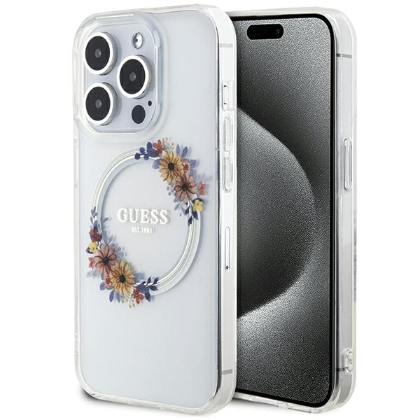 Guess IML Ziedu vainags Magnētiskais apvalks iPhone 15 Pro - caurspīdīgs