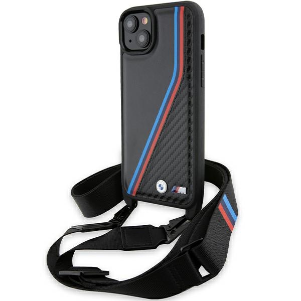 BMW M Edition oglekļa trīskrāsu līnijas un siksna viedtālruņa apvalks iPhone 15 Plus / 14 Plus - melns
