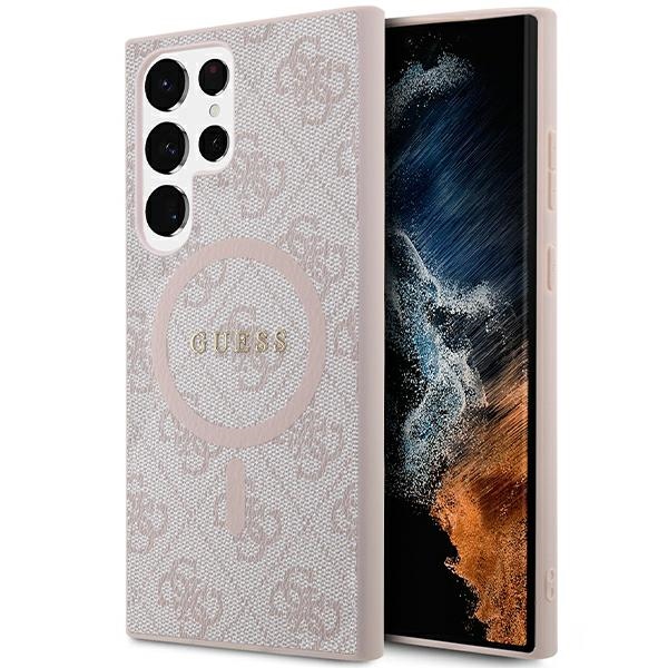 Guess 4G Collection Ādas Metāla Logotips Magnētiskais viedtālruņa apvalks Samsung Galaxy S24 Ultra - rozā