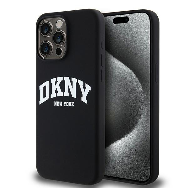 DKNY apvalks no šķidrā silikona MagSafe viedtālrunim iPhone 15 Pro Max ar balto logotipu - melns (m)