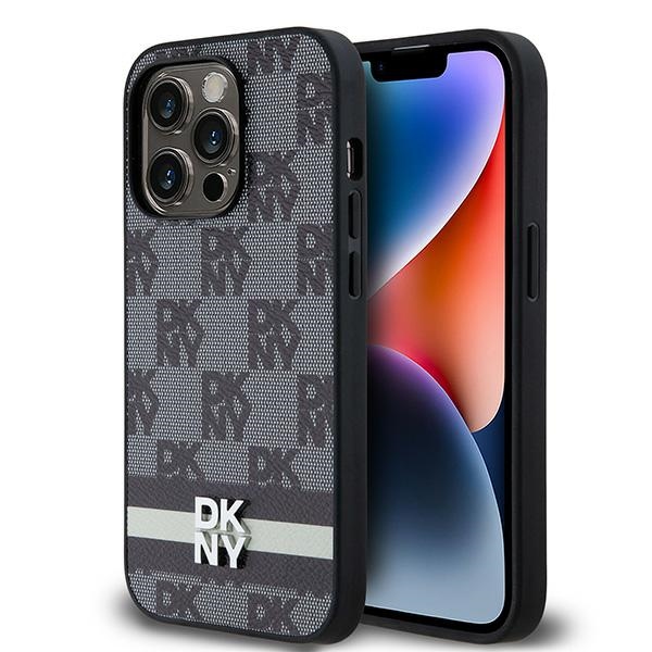 DKNY ādas rūtainais mono raksts un drukātas svītras viedtālruņa apvalks iPhone 14 Pro - melns