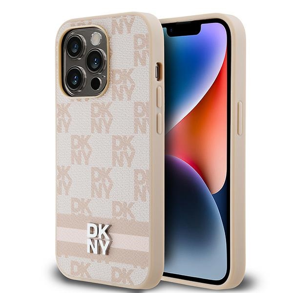 DKNY ādas rūtainais mono raksts un drukātas svītras viedtālruņa apvalks iPhone 14 Pro - rozā