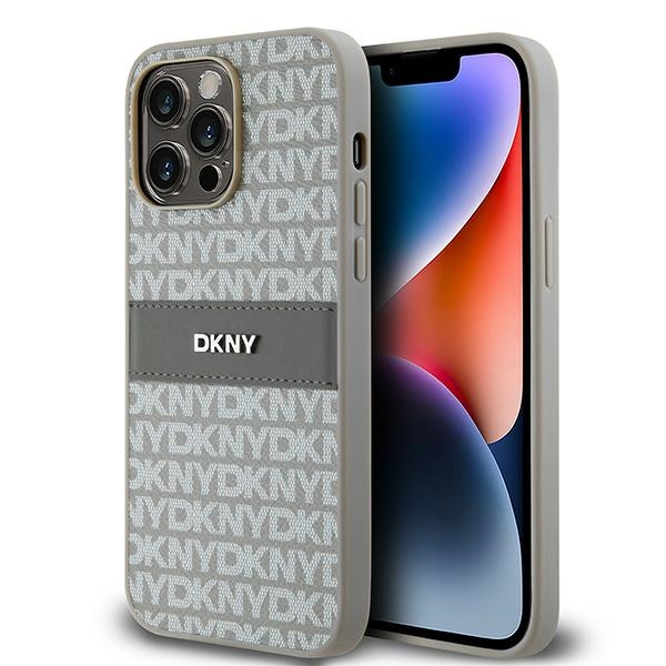 DKNY ādas mono svītra un metāla logotips viedtālruņa apvalks iPhone 14 Pro - bēšs