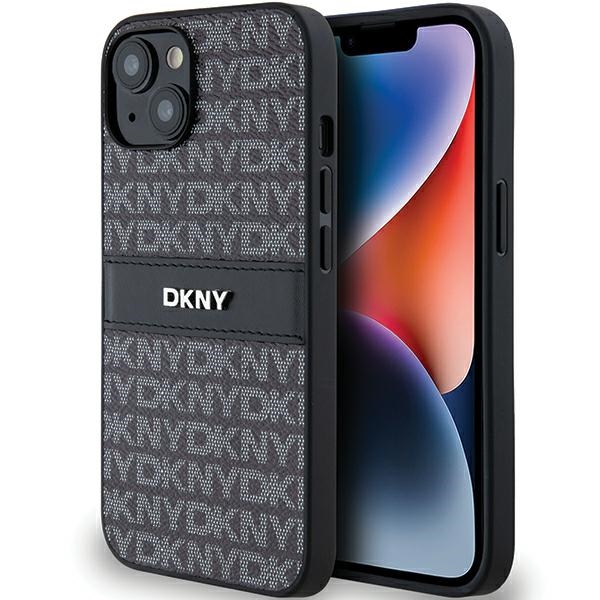DKNY ādas mono svītra un metāla logotips viedtālruņa apvalks iPhone 15/14/13 - melns