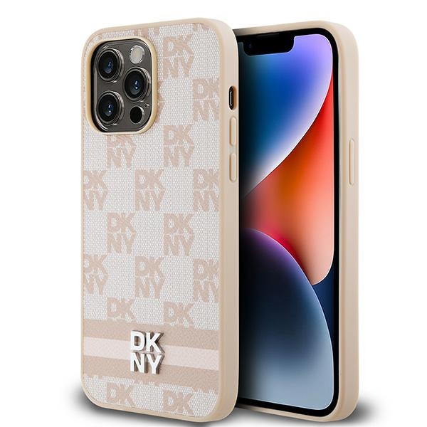 DKNY Ādas rūtainais mono raksts un drukātās svītras viedtālruņa apvalks iPhone 14 Pro Max - rozā