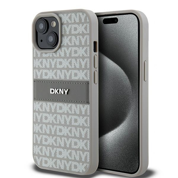 DKNY Ādas mono svītra un metāla logotips viedtālruņa apvalks iPhone 15 Plus / 14 Plus - bēšs