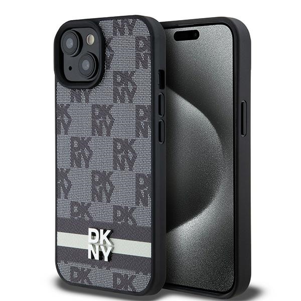 DKNY Ādas rūtainais mono raksts un drukātās svītras viedtālruņa apvalks iPhone 15/14/13 - melns