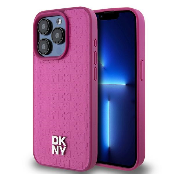 DKNY Ādas monogrammas raksta metāla logotips Magnētiskais viedtālruņa apvalks iPhone 15 Pro - rozā