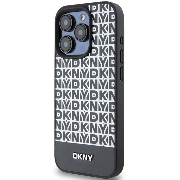 DKNY Ādas drukāts raksts metāla logotips Magnētiskais viedtālruņa apvalks iPhone 15 Pro - melna