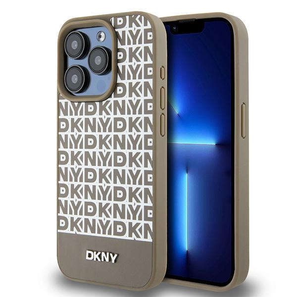 DKNY Ādas drukāts raksts metāla logotips Magnētiskais viedtālruņa apvalks iPhone 15 Pro - brūna