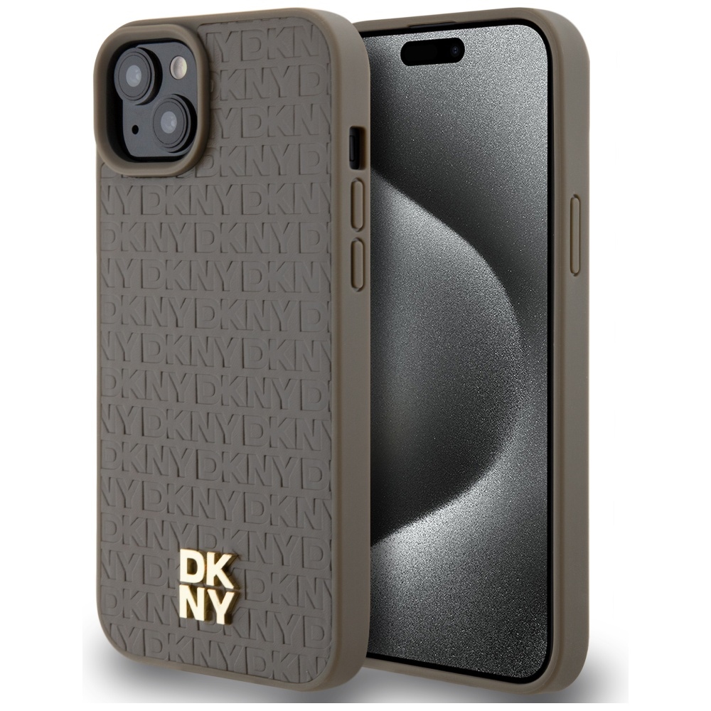 DKNY Ādas raksts metāla logotips Magnētiskais viedtālruņa apvalks iPhone 15 Plus / 14 Plus - brūna