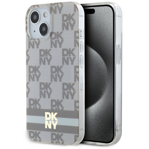 DKNY IML rūtainais mono raksts un drukātas svītras Magnētiskais viedtālruņa apvalks iPhone 15 / 14 / 13 - bēša