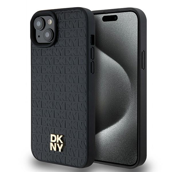 DKNY Ādas raksts metāla logotips Magnētiskais viedtālruņa apvalks iPhone 15 / 14 / 13 - melna