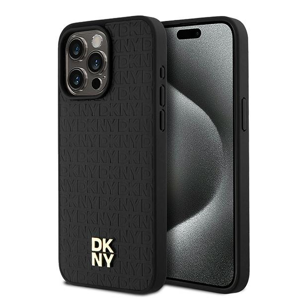 DKNY Ādas monogrammas raksta metāla logotips Magnētiskais viedtālruņa apvalks iPhone 15 Pro Max - melns