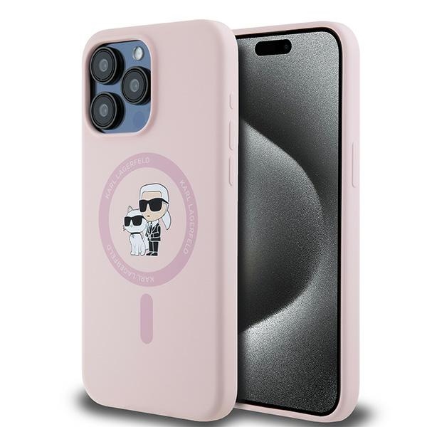 Karl Lagerfeld Silikonais Karl&Choupette Ring MagSafe apvalks iPhone 15 Pro Max - rozā