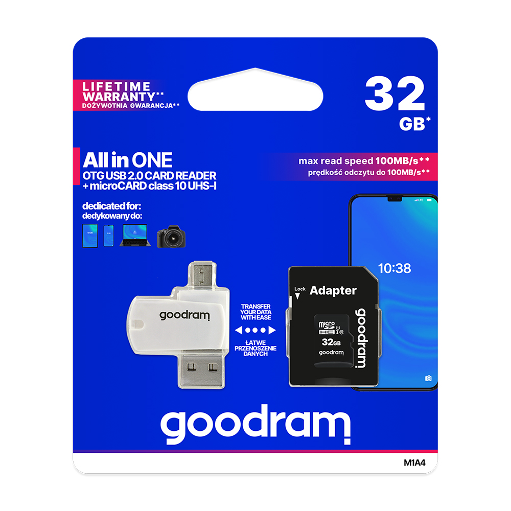 GoodRam atmiņas karte 32GB microSDHC cl. 10 UHS-I + adapteris + karšu lasītājs