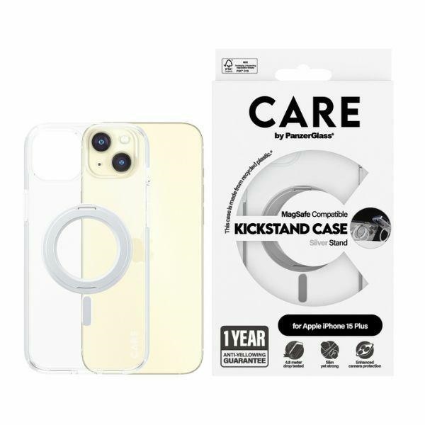 CARE by PanzerGlass viedtālruņa apvalks ar statīvu MagSafe iPhone 15 Plus - sudrabains